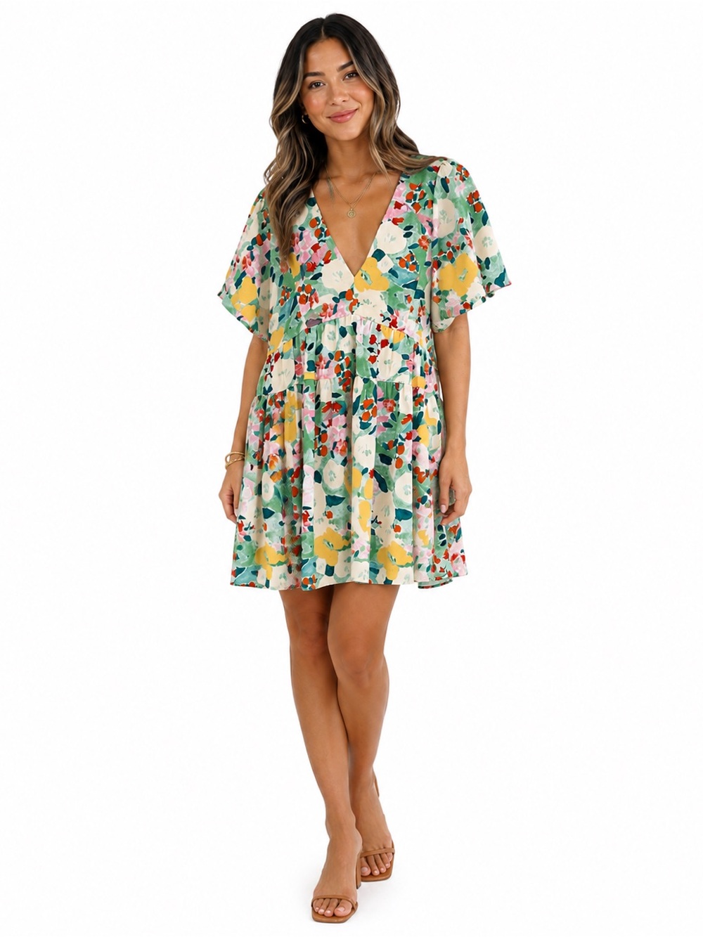 Entro Floral Tiered Babydoll Dress SZ L Watercolor Print V Neck Boho Cottagecore
